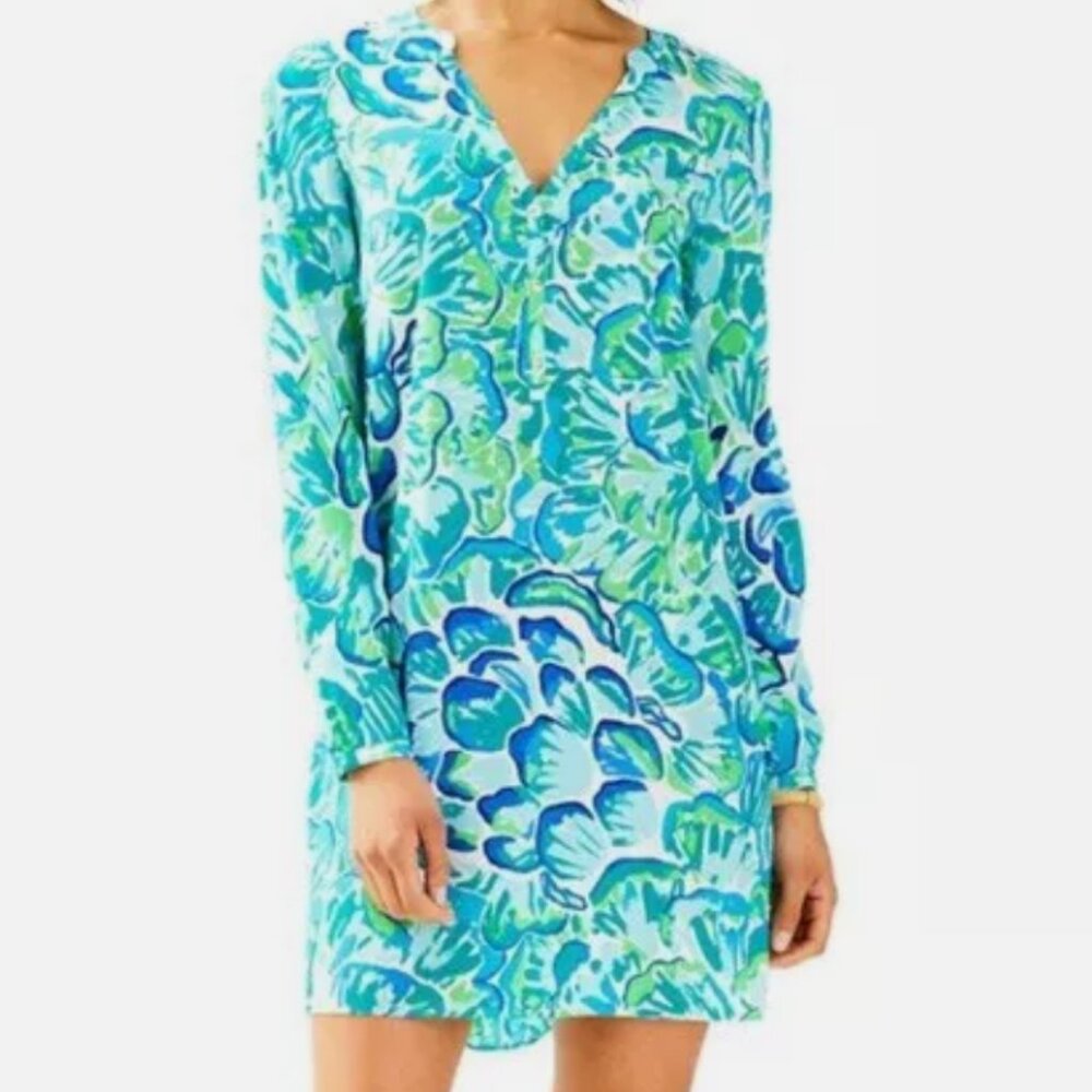 Lilly Pulitzer Delphine Stretch Silk Tunic Dress XS Agate Green Lazy River
